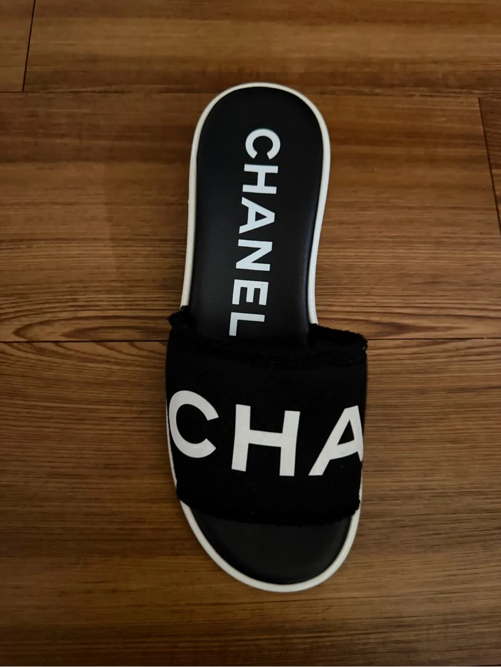 CHANEL 24C Black White CHA NEL Letter Logo Mule Slide Block Heel Sandal Size 36